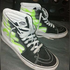 Vans Sk8-Hi Flame Black True White Neon Green Shoes Size 10 Excellent Condition